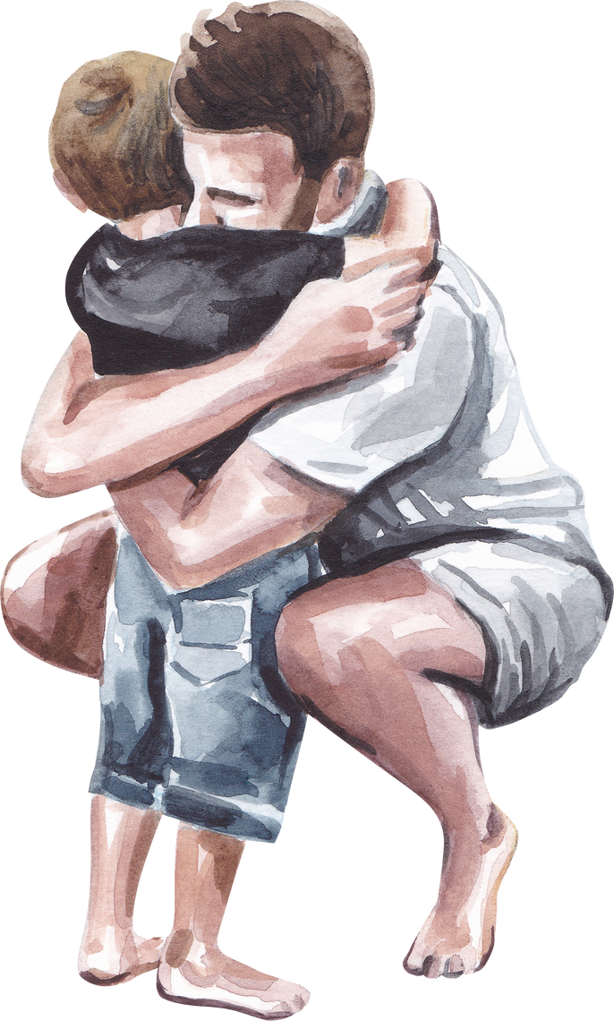 Father's Day. Watercolor Illustration of Father and Son Embracing.